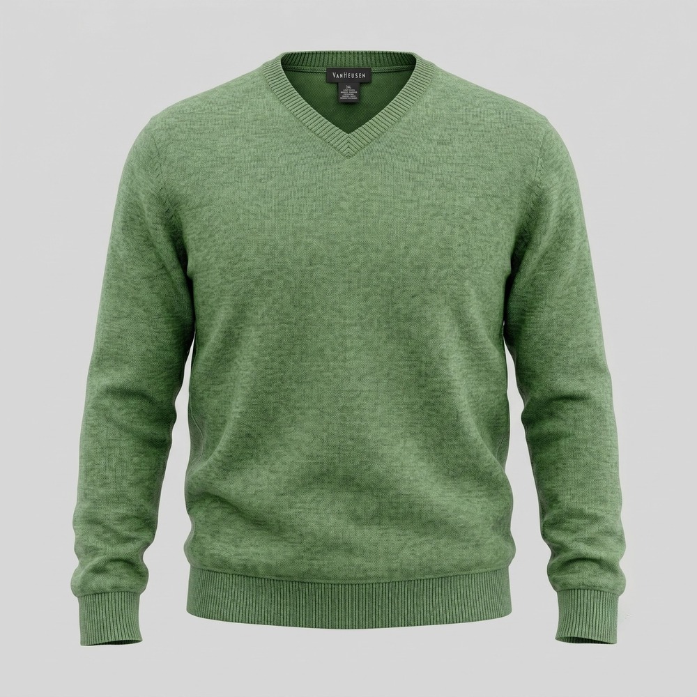 Van Heusen Mens XL‎ Green Sweater V-Neck Pullover Cotton Blend Long Sleeve